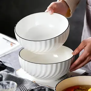 2 pieces of 8-inch ceramic rice bowls, salad bowls, noodle bowls, white ceramic, simple and high-end, can hold rice, meat soup, mixed salad, Independence Day dinner, microwave heating, machine washable