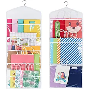 Gift Bag and Tissue Paper Storage, Hanging Organizer with Multiple Front and Back Pockets Double Sided, Organize Gift Wrap and Paper Bags 38 x 16 Inch (White)