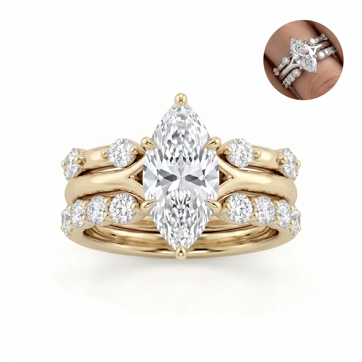 D/VVS1 2.5CT Ice-Cut Gems Engagement Ring Set for Women, Marquise Center 3-Piece Stackable Bridal Wedding Band Promise Rings, Size 5-10
