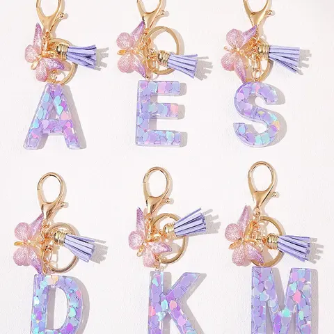 Initial Letter Keychain, Stylish Keychain, Butterfly & Tassel Decor Keychain, Resin for Women & Girls, Bag Backpack Charm, Car Hanging Pendant, Cute Keychains for Car Keys, for Birthday Gift