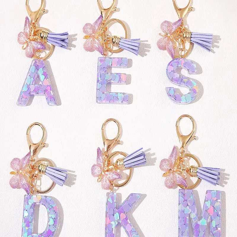 Initial Letter Keychain, Stylish Keychain, Butterfly & Tassel Decor Keychain, Resin for Women & Girls, Bag Backpack Charm, Car Hanging Pendant, Cute Keychains for Car Keys, for Birthday Gift