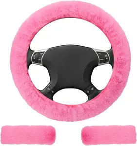 3 count Fluffy Steering Wheel Cover Set, 15'' Furry  Wheel Cover, 2 Seat Belt  Pads, Anti-Slip  Steering Wheel Cover, Winter Warm Fluffy  Accessories for Women,