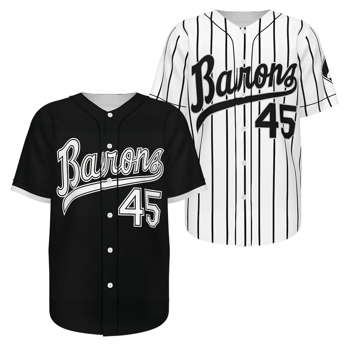 Birmingham Barons #45 Men's Printed Button-Down Baseball Jersey, Plus Size Clothes (XS-5XL), Bold Graphics, Breathable Lightweight Mesh Athletic Shirt, Black White, Casual Streetwear Fan Gift, Plus Size Fashion, Casual Wear, Short Sleeve, Unisex Fit, Mesh