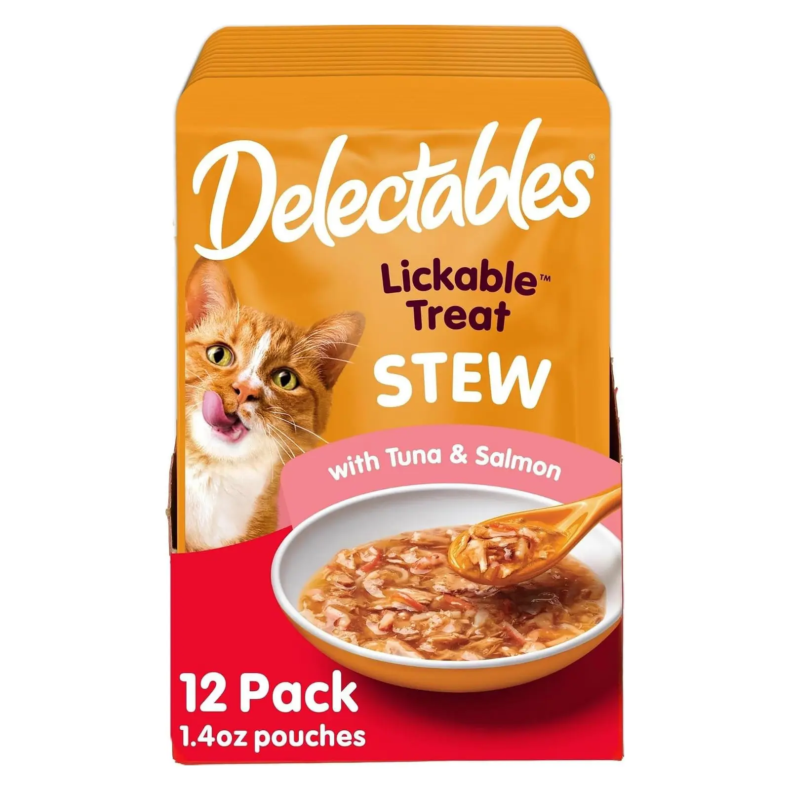 Delectables Lickable Treat Stew Wet Cat Treat with Real Tuna & Salmon, Food Topper, Hydrating, Grain-Free, No Fillers, No By-Products, No Added Preservatives, 1.4oz Pouch, 12ct