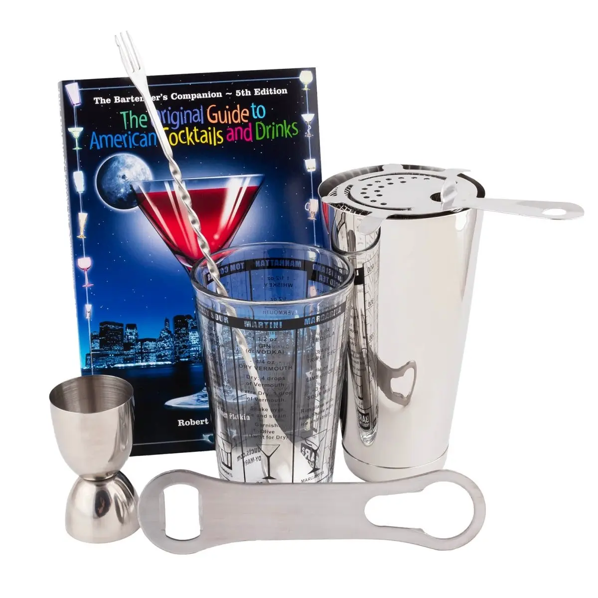 Stainless Steel Complete Bartending Start-Up Bar Set for Aspiring Bartenders - Economically Priced Kit with 28 oz Cocktail Shaker, 4-Prong Strainer, Bottle Opener, Imprinted Glass, Essential Tools, Recipe Book, Kitchenware & Bar Utensils, 4-Prong Cocktail