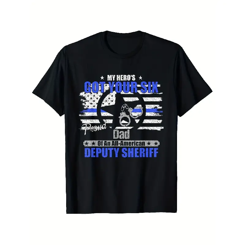 Men's Patriotic Black Fitted Cotton Round Neck Graphic Tee, Blue-White Deputy Sheriff Print Tops, "My Heroes Got Your Back" Slogan
