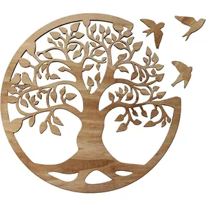 Tree of Life Wall Art Wooden Tree Life Wall Decor with Three Birds 12 Inch Round Family Tree Life Wall Hanging Plaque for Bedroom Living Room Kitchen Office Farmhouse Decor Indoor Outdoor (Round Tree of Life - Wood Color)