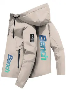Men's and Women's Fashion Jacket with Bench Letter Print, Casual Hooded Design, Zipper Pockets, Polyester Material, Spring & Fall Wear