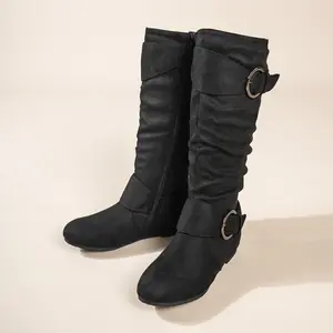 Women'S Knee-High Boots with Hidden Wedge Heel - Slip-resistant TPR Sole, Side Zipper Closure, Cushioned Insole - Winter Boots for Everyday & Formal Events - Black Boots (Easy On/Off), Seasonal Footwear, Sleek Design, Durable Construction, Office Wear