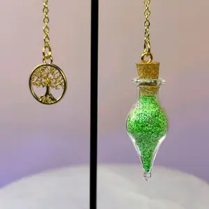 Handcrafted Glow in the Dark UV Reactive Green Sand Glass Pendulum with Tree of Life Charm for Spiritual Growth Healing and Prosperity