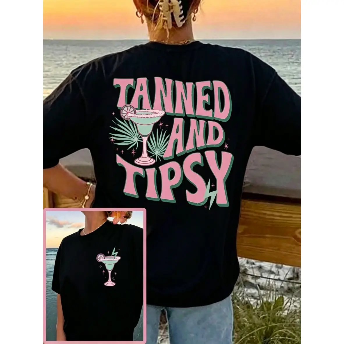 Women's Baggy Graphic Tee, Oversized 'Tanned And Tipsy' Round Neck Top, Lightweight Super Soft Cotton Blend for Summer, Loose, Super Soft Wash, Draped, Streetwear, Breathable, Everyday, Fabric, Fit, Loose Cut, Sleeves, Drop Shoulder, Casual, Clothes, Colo