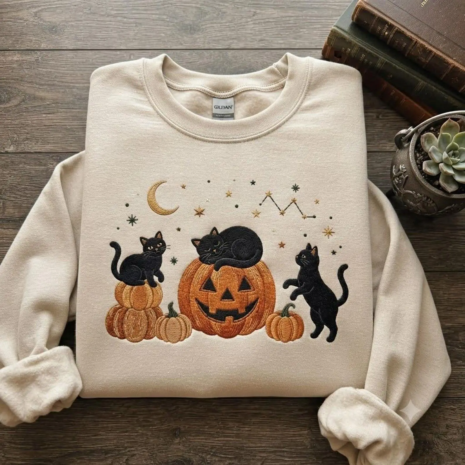 [Made in US] Embroidered Black Cat Pumpkin Sweatshirt T Shirt Hoodie, Midnight Halloween Embroidered Sweatshirt, Cute Cat Pumpkin Shirt, Halloween Fall Sweatshirt