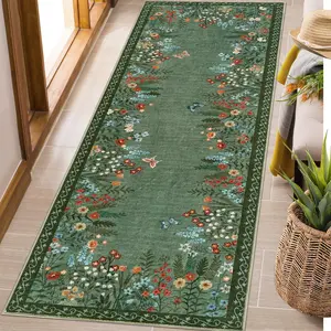 GARVEE Washable 2x6 Runner Rugs, Large Living Room Rug, Non-Slip Soft Floral Rugs for Bedroom, Botanical Area Rug Carpet for Dining Room Guest Room (Green,2'x6')