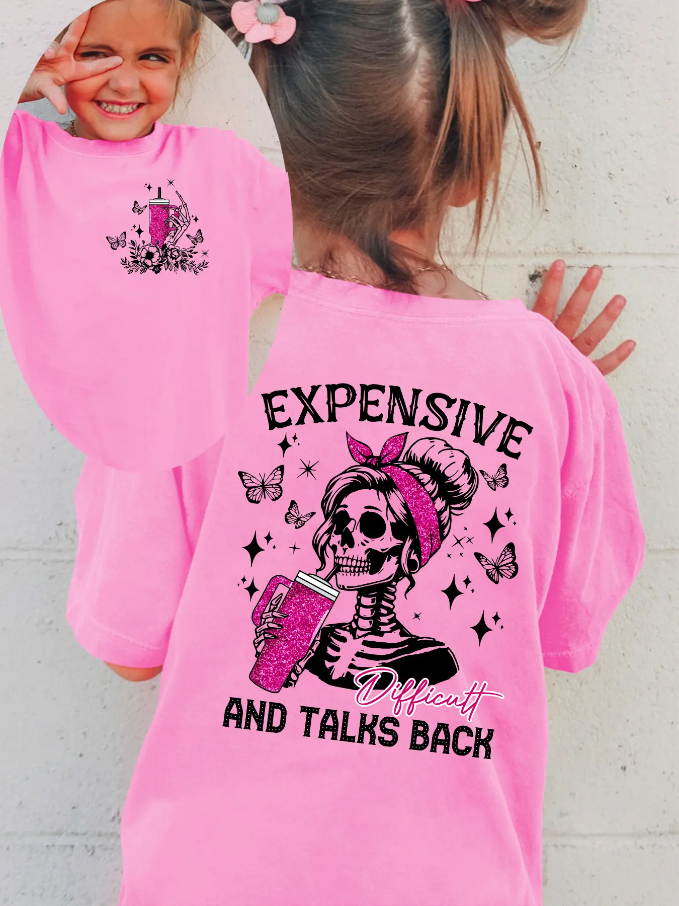 PUEMCO Little Girls Hot Pink Cotton Short Sleeve T-Shirt, Expensive And Talks Back Glitter Skull Tumbler Butterfly Double Sided Back Print Kids Funny Slogan Casual Summer Tee