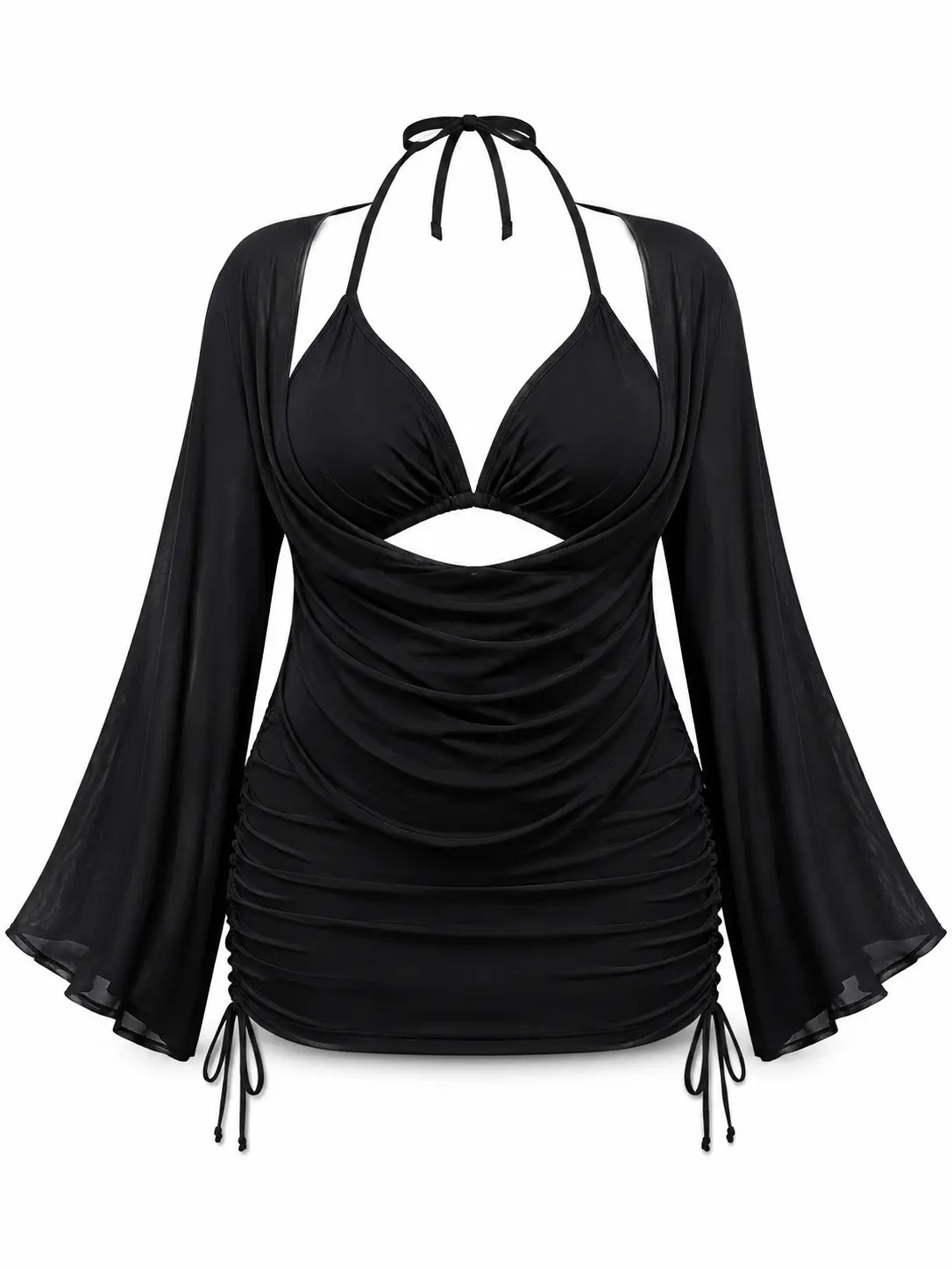 Women's Plus Size Swimsuits, 3-Piece Tummy Control Black Halter Bikini Set with Ruched High Waisted Bottoms & Long Sleeve Mesh Cover-Up, Tankini Swimsuits, Swimsuits Tummy Control