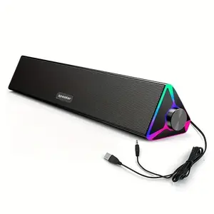 Long Bluetooth wired desktop speaker, 2.0 channel Soundbar Subwoofer speaker with dynamic iridescent light strip, volume knob, USB power supply 3.5mm black cable, suitable for laptop speakers/desktop speakers