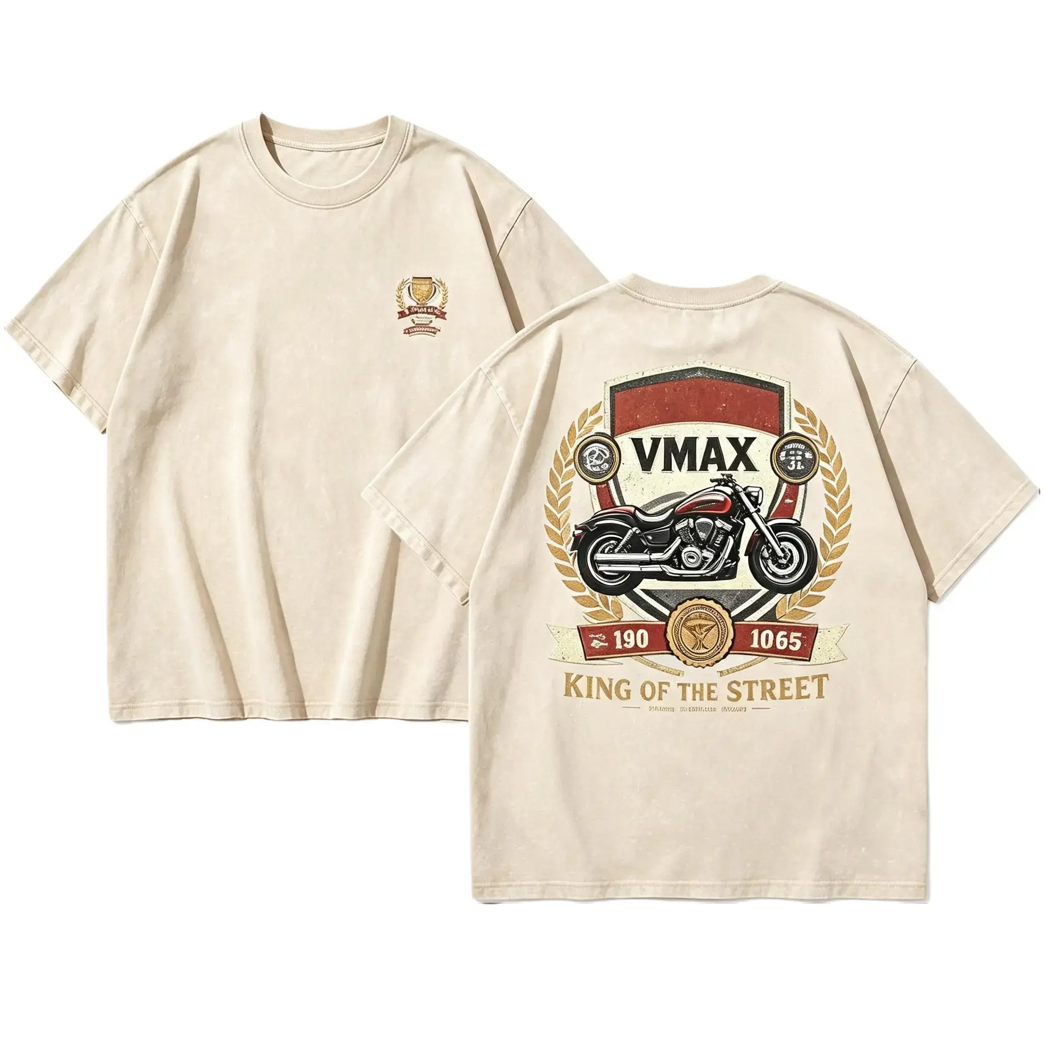 Menswear Stylish Short-Sleeve Retro Wash Oversized Unisex T-Shirt - Vintage Cruiser Bike Print, Dual-Side Graphics, Cotton Casual Top, Biker Motorcycle Enthusiast Street Outfit, Shortsleeve