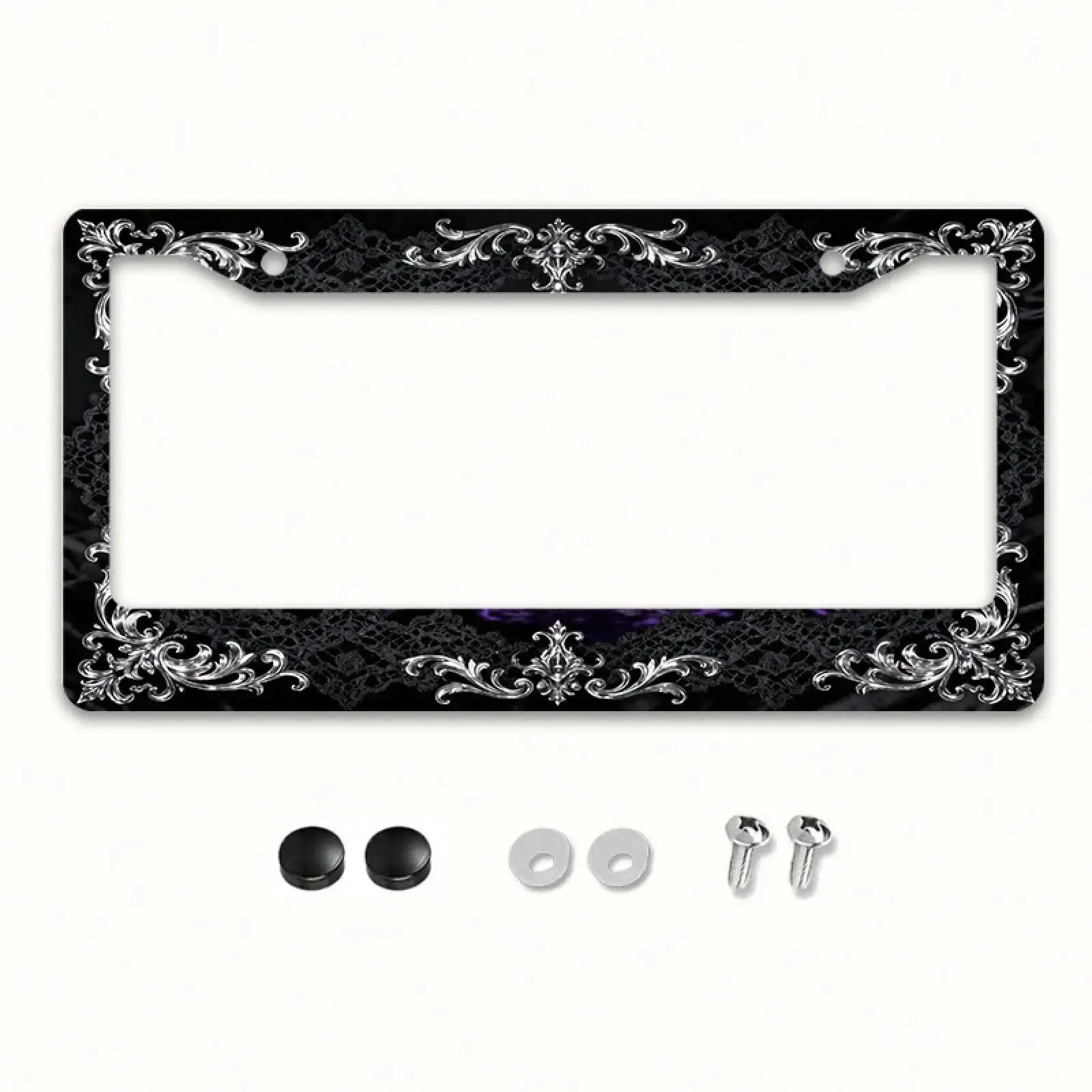 1pc Vintage Silver Metal License Plate Frame - Engraved Black Lace Car Tag Holder with Screws, Antique Dreamy Style Auto Decor Car Accessories Auto Parts Accessories License Plate
