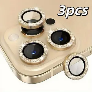 3-Piece Gold Glitter Phone Camera Lens Cover - Suitable for iPhone 17/16/15/14/13/12/11 Metal Ring Lens Glass Protective Case - Perfect as a Valentine's Day, Thanksgiving, Halloween, and Christmas gift - Scratch-resistant, dirt-resistant, and practical.