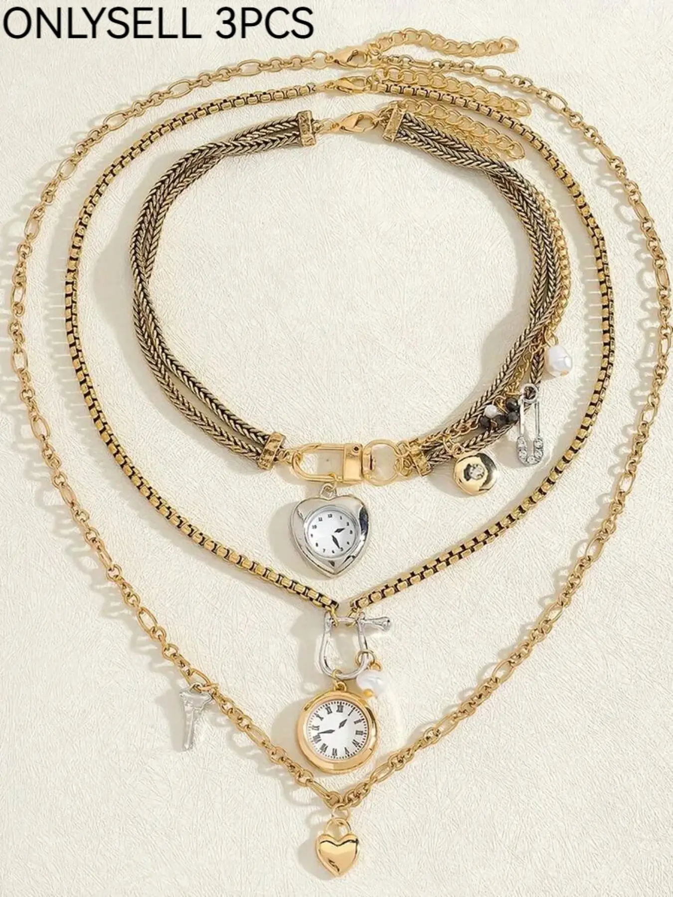 3-Piece Vintage Heart Clock Pendant Necklace Set, Heart Shaped Necklace, Elegant Chain Design, Bling Chain, Fashionable Lightweight Luxury Jewelry, Costume Jewelry Necklace, Alloy Necklace, Perfect for Daily Wear and Gifts