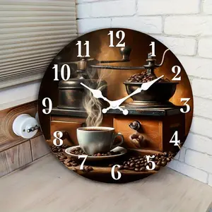 1 piece vintage coffee still life wall clock - 2D flat acrylic silent round clock, Decorative Clock, battery-powered (AA batteries not included), suitable for decoration in restaurants, hallways, study rooms, and balconies, 2D flat design