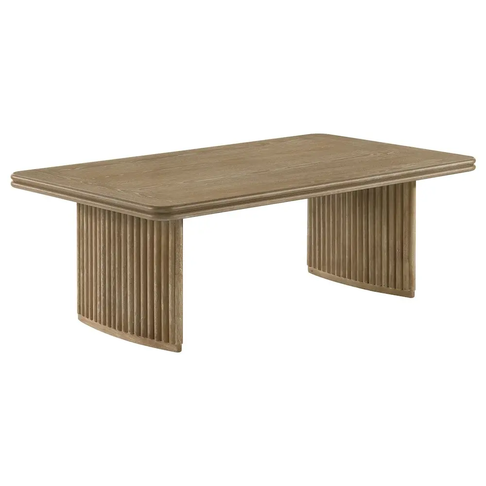Adina Distressed Light Brown Oak Veneer Rectangular Wood Coffee Table, Contemporary Style with Double Base and Reeded Legs, Distressed Wood