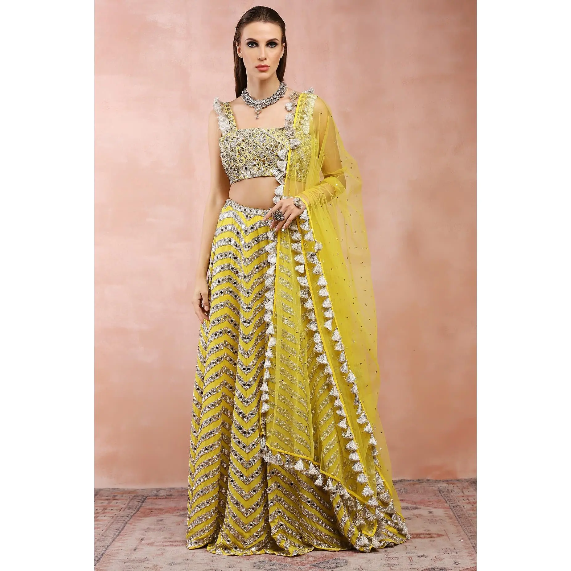 Yellow mirror embroidered lehenga set