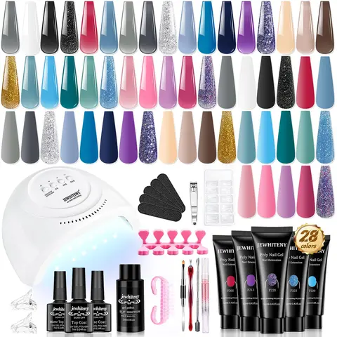 JEWHITENY 28-Color All-In-1 Polymer Nail Care Starter Kit - Gel Nail Polish Set, Nude Pink, Blue, Yellow, Purple, Glitter Shades, Base & Top Coat, Manicure Supplies, 3-min Application, Tiny 6w Lamp (Desks/Bathrooms Fit), Affordable At-Home Women's Gift,fa
