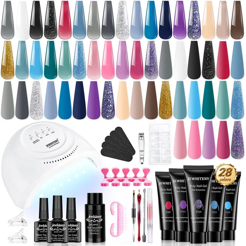 JEWHITENY 28-Color All-In-1 Polymer Nail Care Starter Kit - Gel Nail Polish Set, Nude Pink, Blue, Yellow, Purple, Glitter Shades, Base & Top Coat, Manicure Supplies, 3-min Application, Tiny 6w Lamp (Desks/Bathrooms Fit), Affordable At-Home Women's Gift,fa