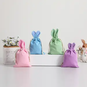 Easter Bunny Drawstring Gift Bag Solid Color Canvas Basket, Sublimation-Ready Rabbit Easter Gifts Personalized Easter Basket for Kids, Holiday Party Favor