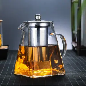 1 Piece Glass Jug, Stainless Steel Filter Infusion Tea Kettle with Removable Infuser, Square Glass Tea Set For Office Gift Giving Borosilicate Metal Tea Pot Detachable Strainer Teacup Spout
