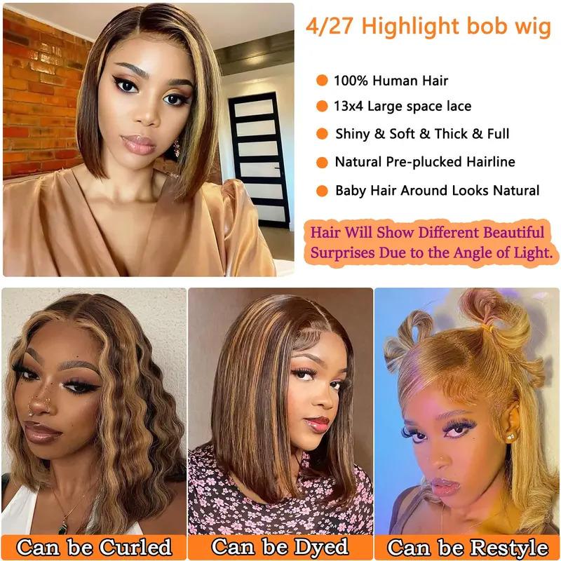 14 Inch Highlight Short Bob Human Hair Wigs 4/27 Color Brazilian Hair Honey Blond Straight 13x4 Lace Front Wigs For Black Women