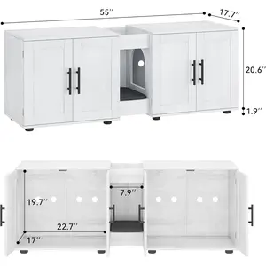 55" Cat Litter Box Enclosure Furniture, Wooden Hidden Litter Box Cabinet with Barn Door & Double Rooms, 3 in 1 Large Cat Litter Cabinet Pet Furniture for Living Room & Bedroom