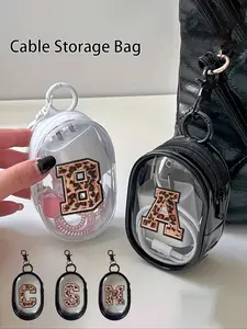 Portable Mini Transparent Zipper Storage Bag, Accessory Pouch, Leopard Print Towel Embroidered Letters And Data Cable Pattern, Can Also Store Earphone Charging Box With Keychain