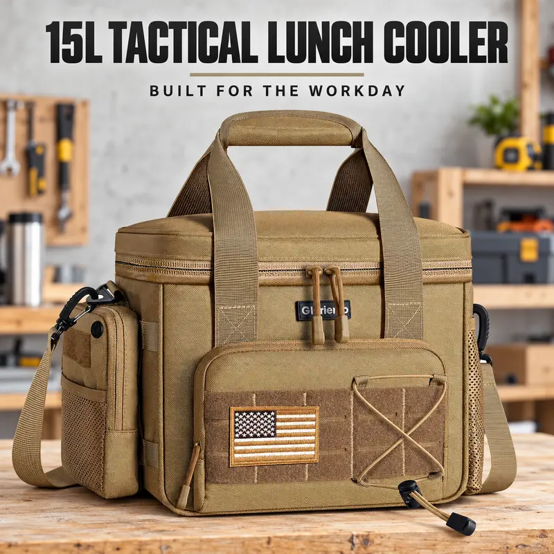 Tactical Lunch Box for Men, 15L Heavy Duty Insulated Lunch Bag with Removable MOLLE Pouch, Large Cooler for Work, Construction, Camping & Fishing