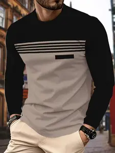 Men's Striped Colorblock Print Long Sleeve Round Neck Pullover, Casual Fashion Comfortable Sportswear for Spring & Fall Casual Sport Shirt