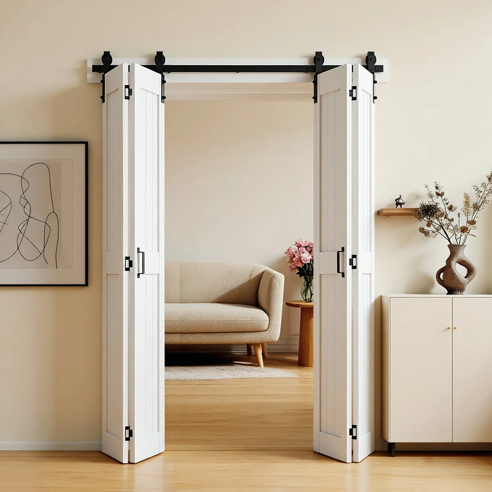 VEVOR Bifold Barn Door, 72" x 84", MDF Bi-Fold Sliding Closet Doors, Hardware Kit Included, H-Frame Space-Saving Design, Pre-Assembled Panels for Bedroom, Living Room, Wardrobe and Room Divider, White