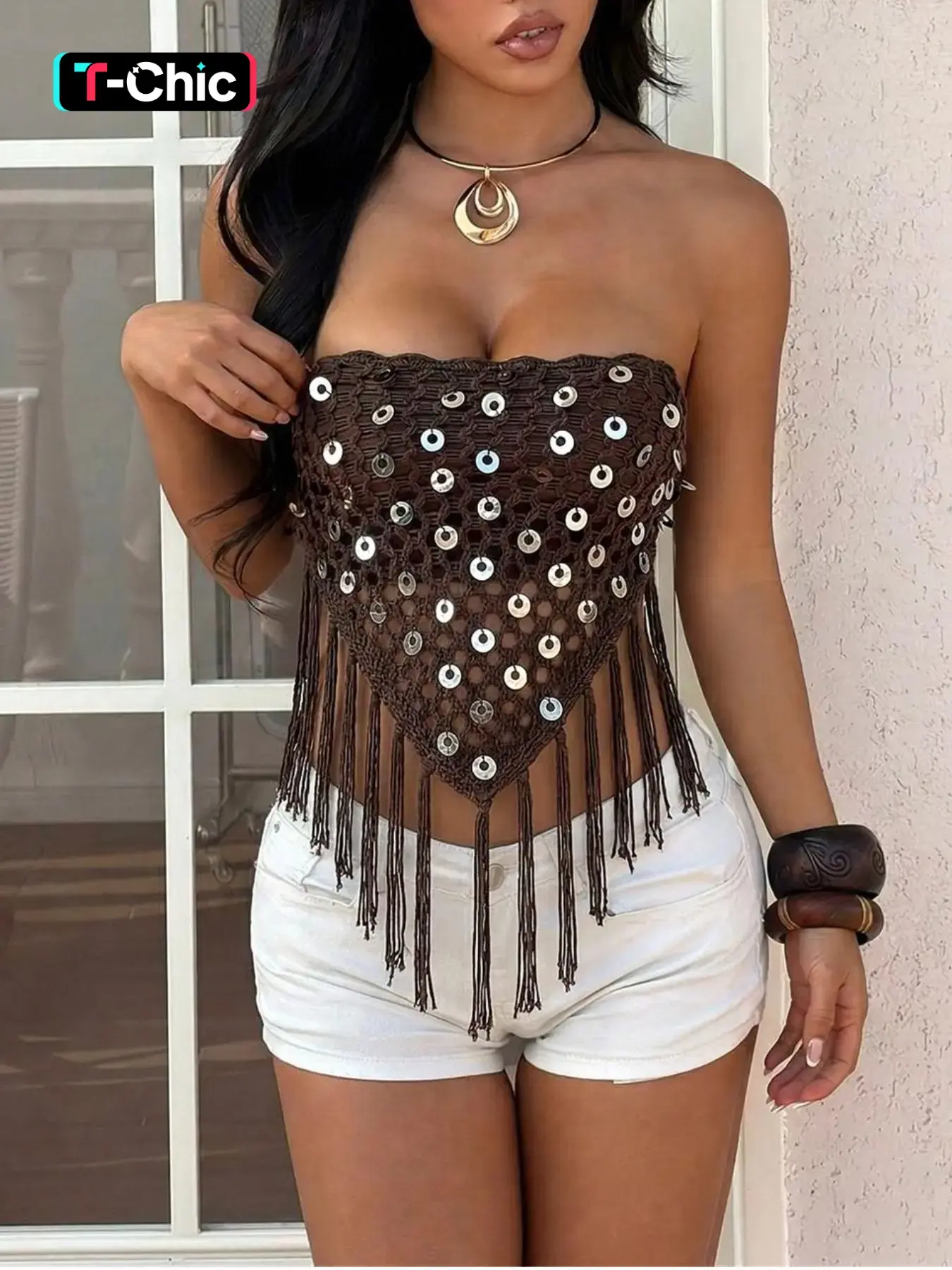 Boho Bohemian Crochet Tube Top Women Fringe Bandeau Cropped Tops Sequin Strapless Crop Top Hollow Out Knit Beach Vacation Festival Outfit Y2K Sexy Summer Clubwear Top Brown Casual Summer Tops Bohemian Sleeveless Top