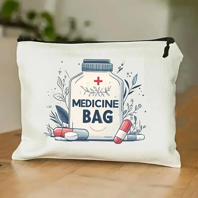 Medicine Zipper Bag, 1 Count Waterproof Cosmetics   Canvas  Storage Bag, Travel Pill Organizer, Travel Accessories, Zipper Pouches, Portable Storage Organizer, Resealable Zipper Pouch, Resealable Packaging
