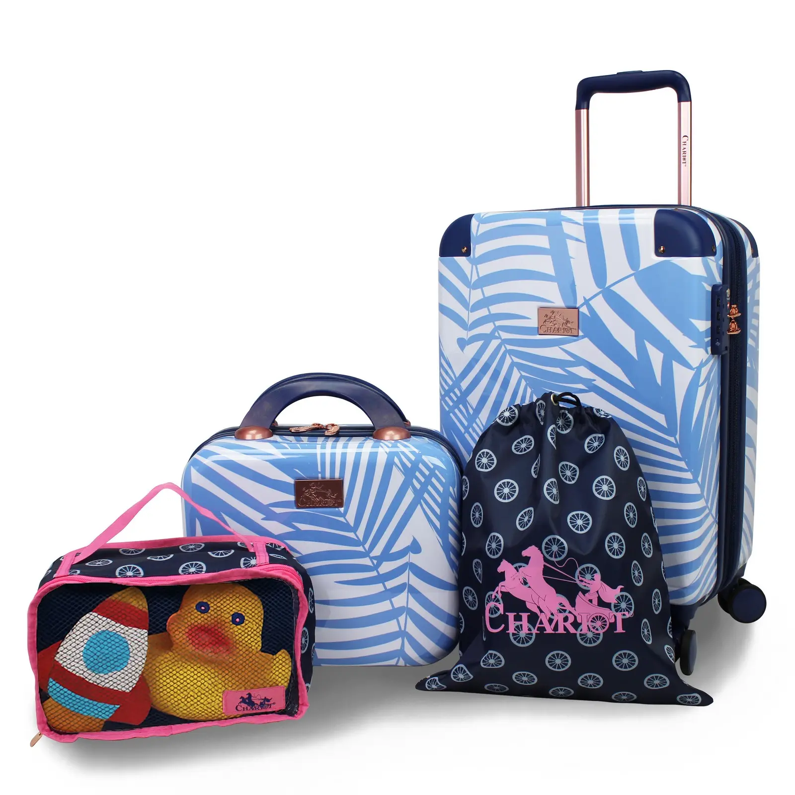 Kids, Tweens, and Girls 4-Piece Spinner Luggage Set – Carry-On Suitcase with Matching Travel Case and Accessory Bags