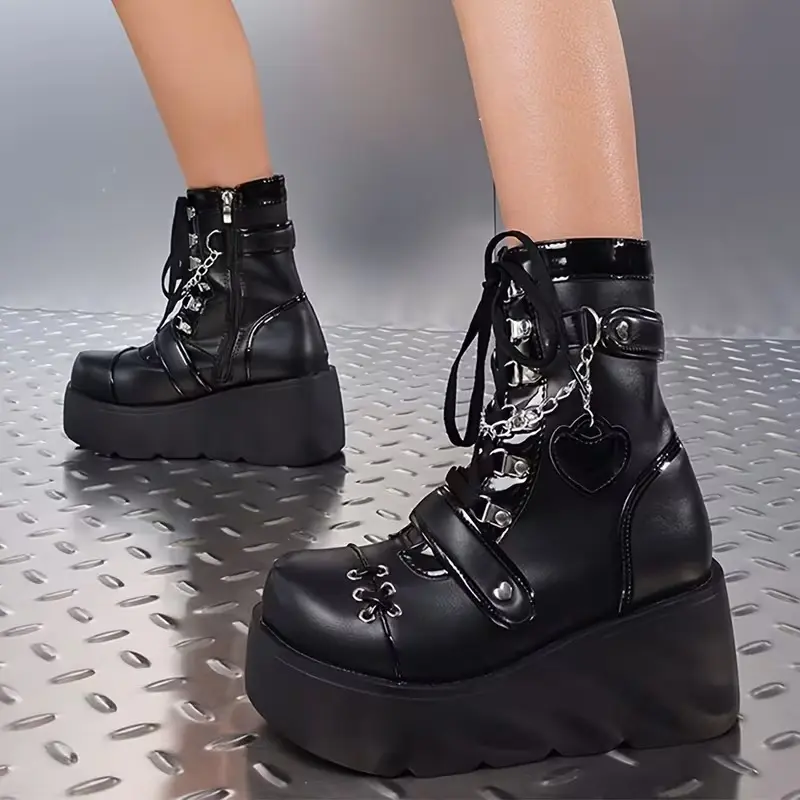 Women's Y2K Women Combat Boots Gothic Chunky Wedges Heel Lace Up