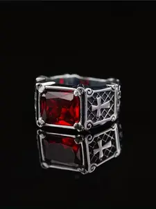 Trendy Men's Cross Pendant Ring, Bold Hip-Hop Design with Ruby Inlay, Stone Adjustable Open Finger Ring for Guys