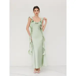 Cider Two Way Satin V-neck Backless Ruffle Hem Maxi Dress