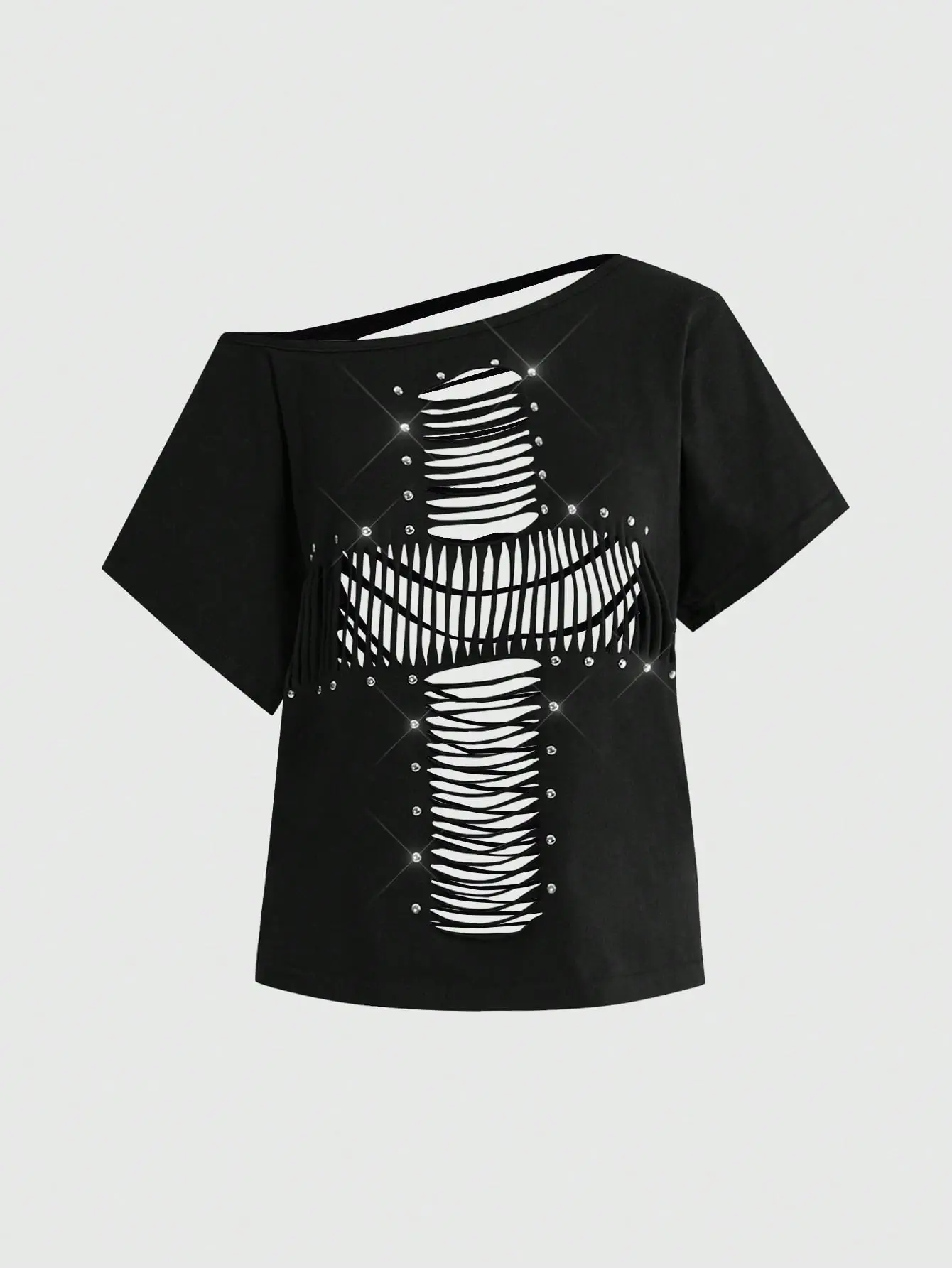LALUZ Grunge Punk Y2K Cross Rivet Design Laser Cut Loose Fit Solid Color T-Shirt Graphic Tee Short Sleeve Goth Top Streetwear Alt Fashion Edgy Style