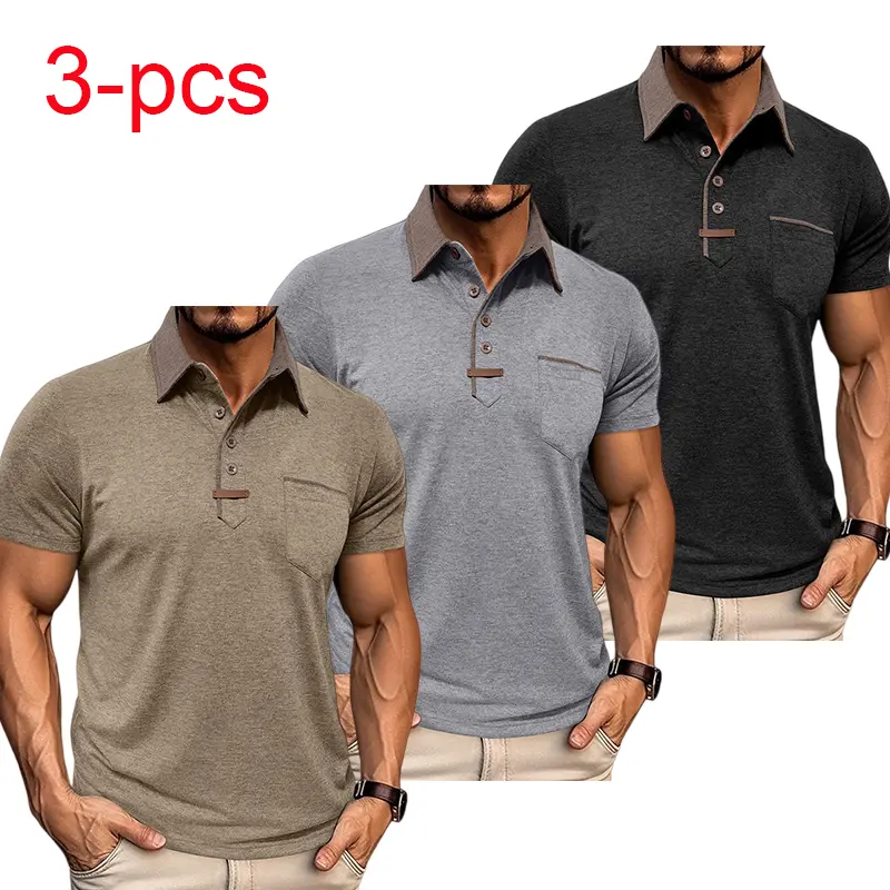 Men's Wear 3-Pack, Classic Colorblock Polyester Business Casual Polo Shirts with Short Sleeve, Button Front and Chest Pocket