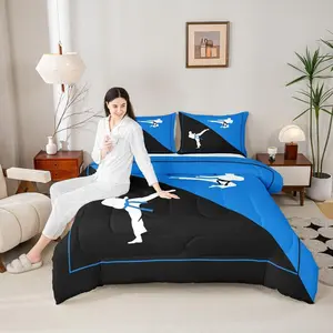 Taekwondo Comforter Set,Japanese Style Bedding Set,Adults Teens,Children Kungfu Luxury Black and Blue Quilt Set,Room Decor