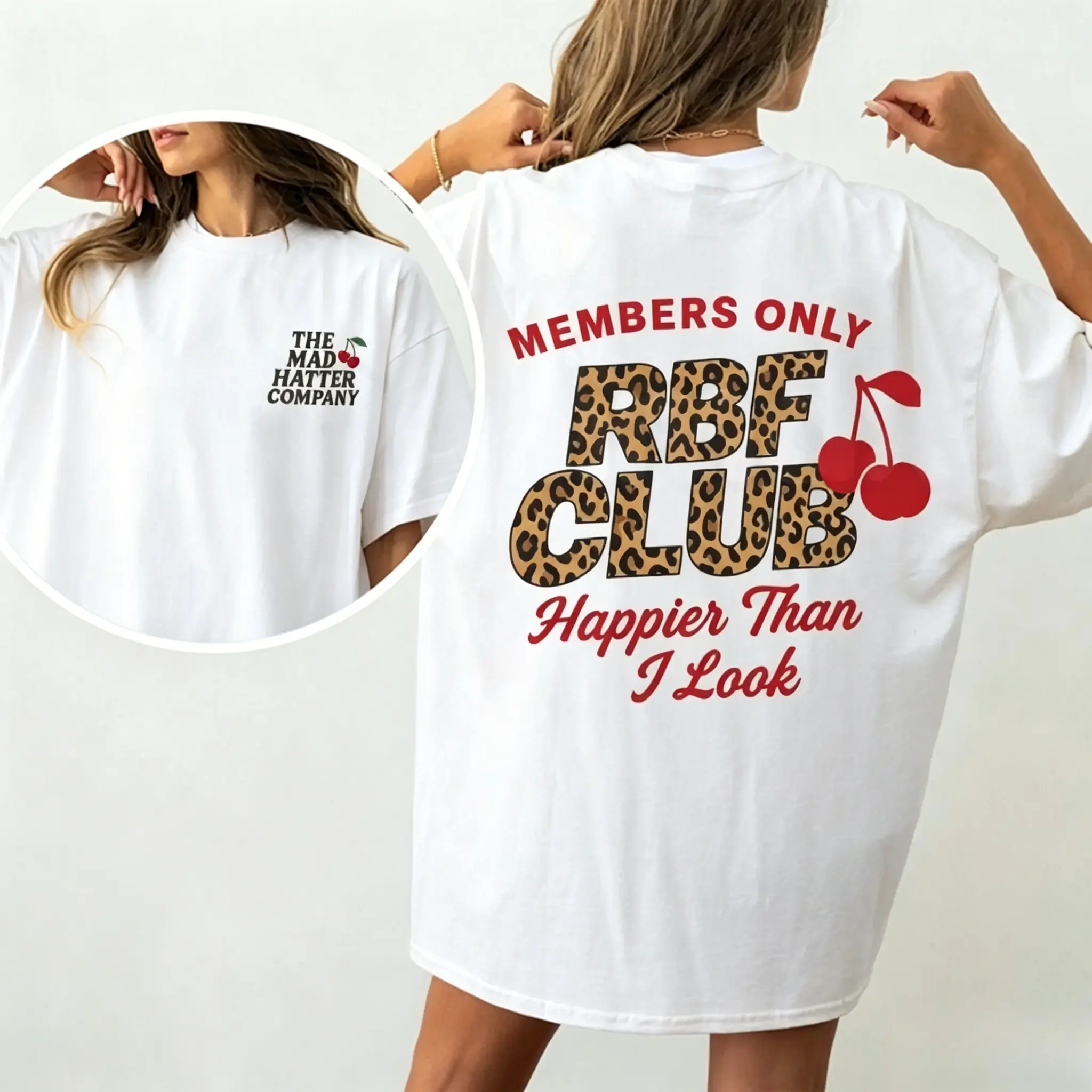 Unisex Graphic Tee RBF Club Leopard Cherry Print Coquette Aesthetic Casual Design T Shirt Streetwear Style Crewneck Short Sleeve Soft Cotton Breathable Comfortable Fit Loose Fit Daily Wear Trendy Funny Sarcastic Fashion Top