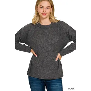 Zenana Ribbed Brushed Melange Hacci Sweater with Chest Pocket