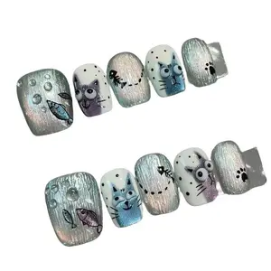 M49 Kitten fishing, hot girl graffiti, original custom handmade hand-painted art, cute and quirky cat eyes, nails  3 dollars original holiday wear Classic Glitter