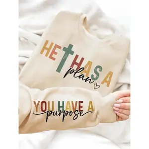 Loose round neck sweatshirt, inspirational religious design, retro color block text, simple warm style, winter fashionRAIMENTRY